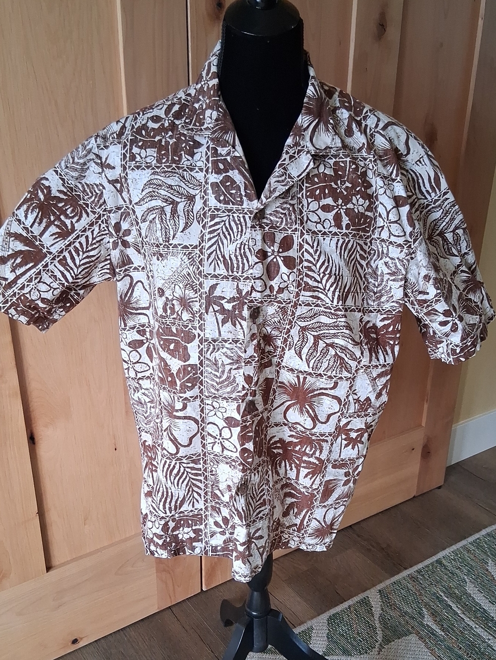 Vintage 90s Mens L Royal Hawaiian Creations Brown Woodblock Print Aloha Shirt